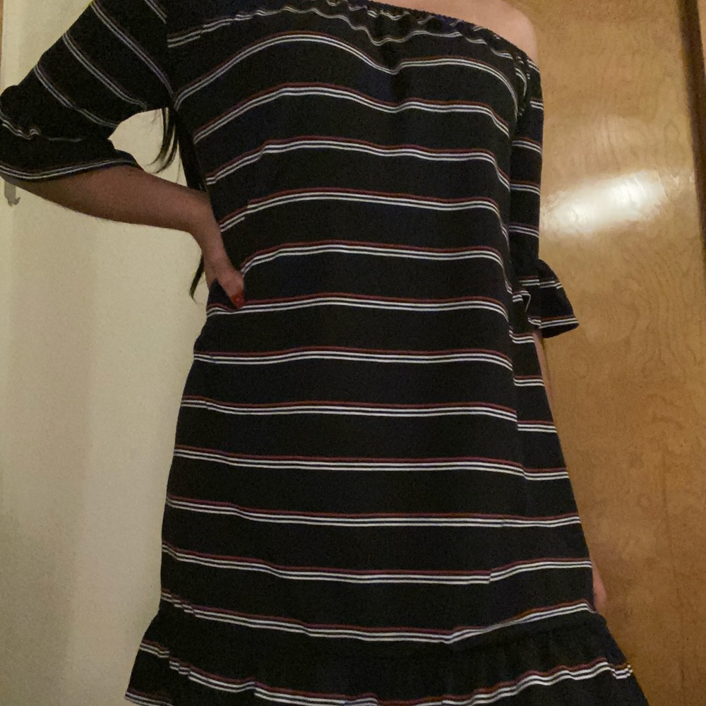Cotton On Striped Ruffle Off-The-Shoulder Dress